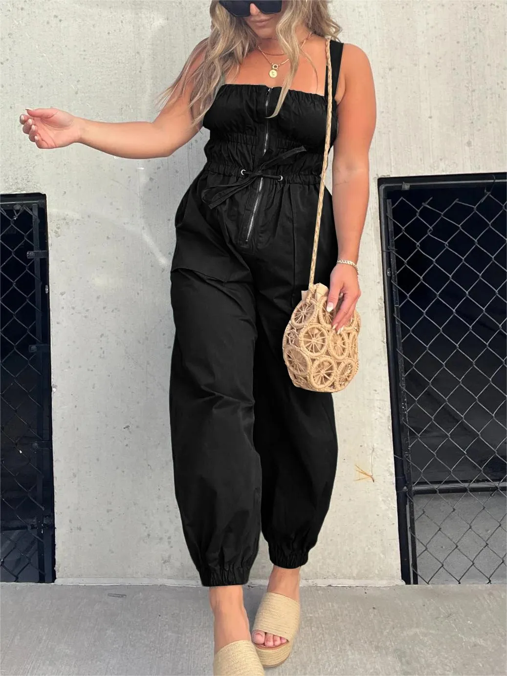 2023 New Gathered Elastic Front Zip Cargo Jumpsuit (Buy 2 Free Shipping)