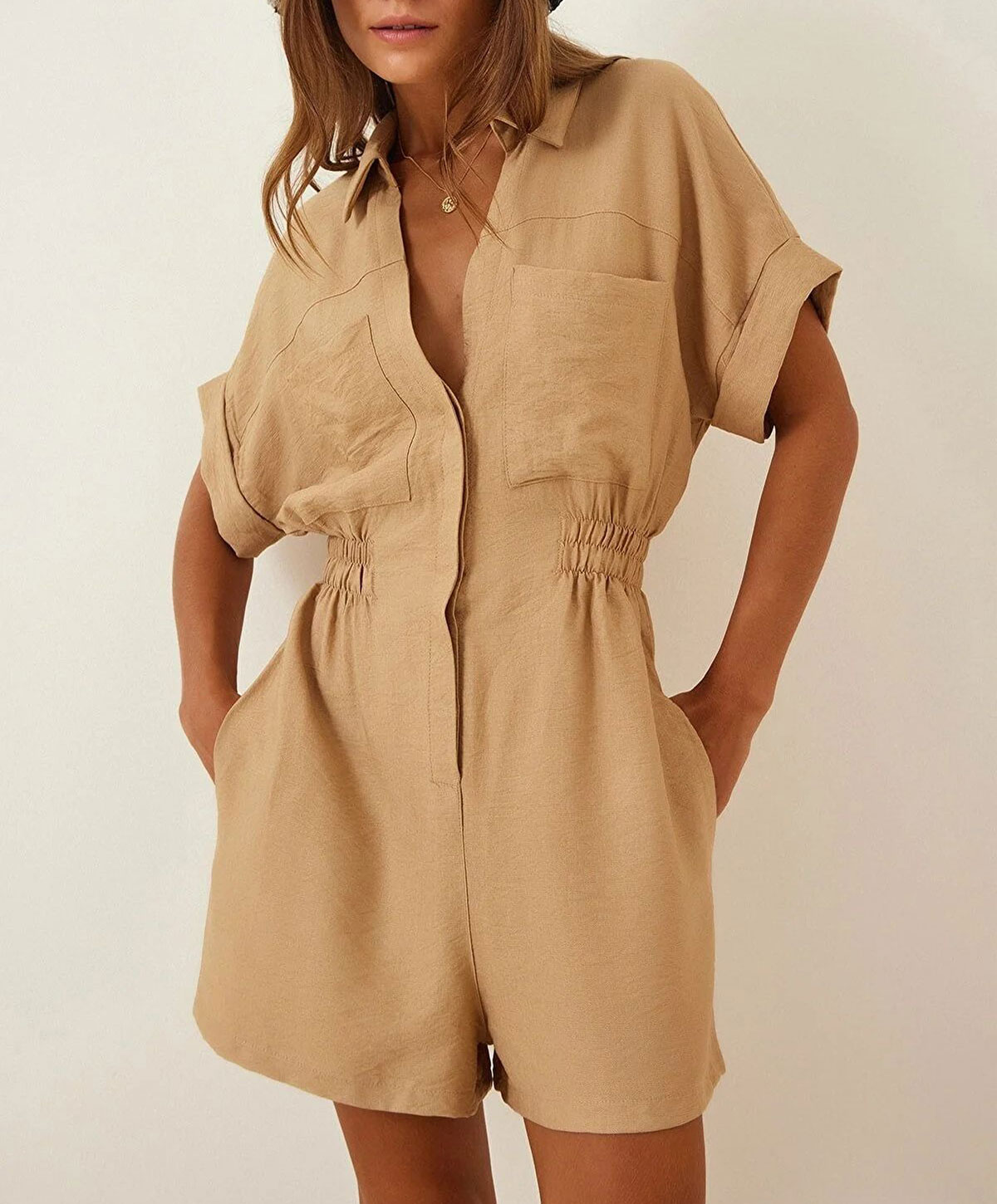 Summer  Button Down Elastic Waist With Pocket Rompers