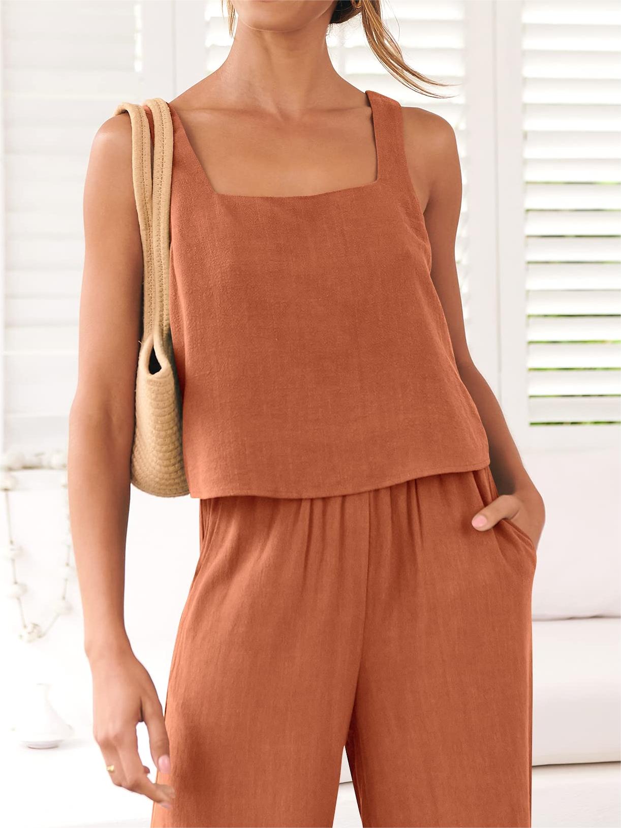 HOT SALE 🔥Women's 2 Piece Outfits Linen Tank Top Wide Leg Pants Lounge Set (BUY 2 FREE SHIPPING)