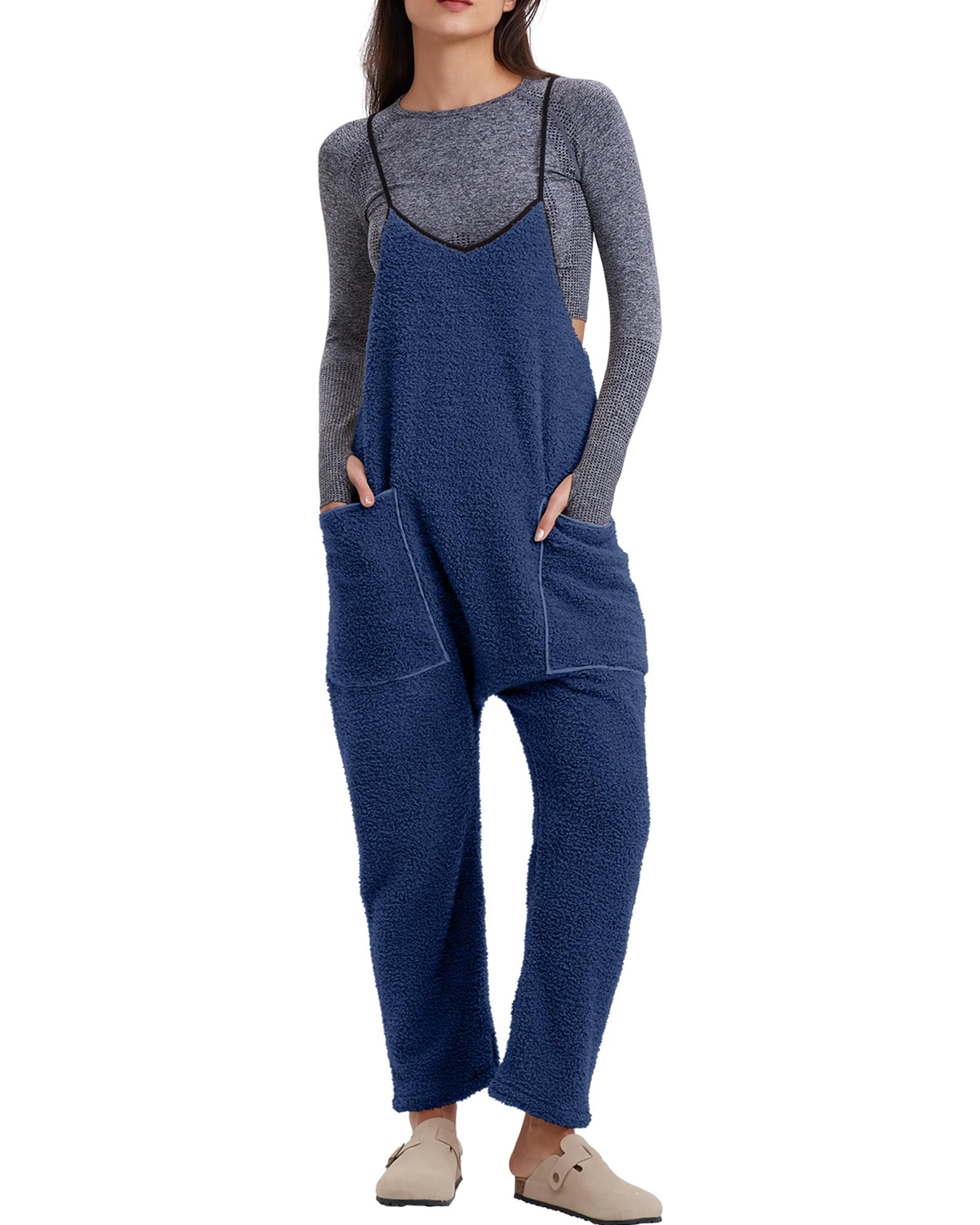Womens Fleece Overalls Loose Fit Adjustable Strap Jumpsuits Warm Fashion Work Outfits