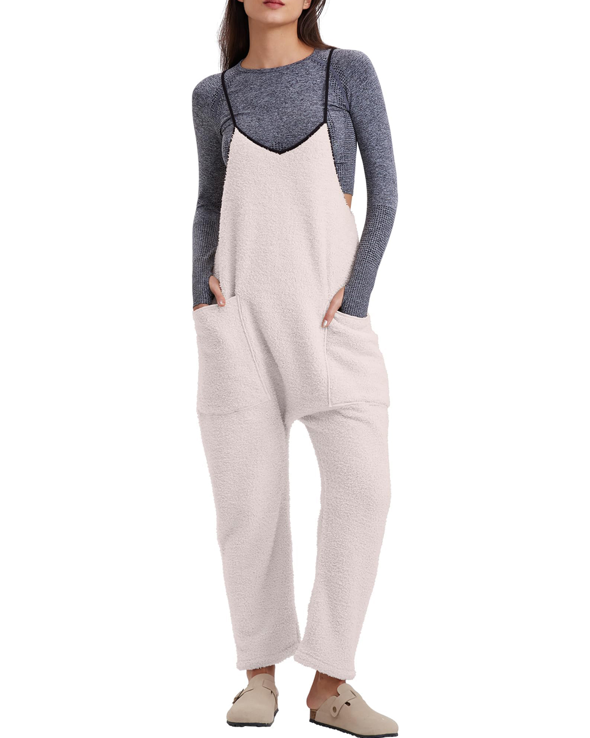 Womens Fleece Overalls Loose Fit Adjustable Strap Jumpsuits Warm Fashion Work Outfits