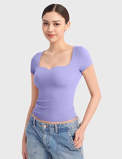 ⏰HOT SALE Women's Sweetheart Neck Short Sleeve Cute T-Shirt (BUY 2 FREE SHIPPING)