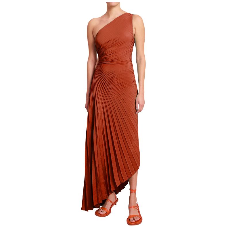 New One-Shoulder Diagonal Satin Pleated Dress