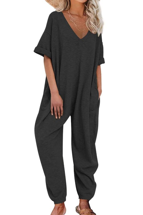 Women's solid color half-sleeved ultra-loose jumpsuit overalls