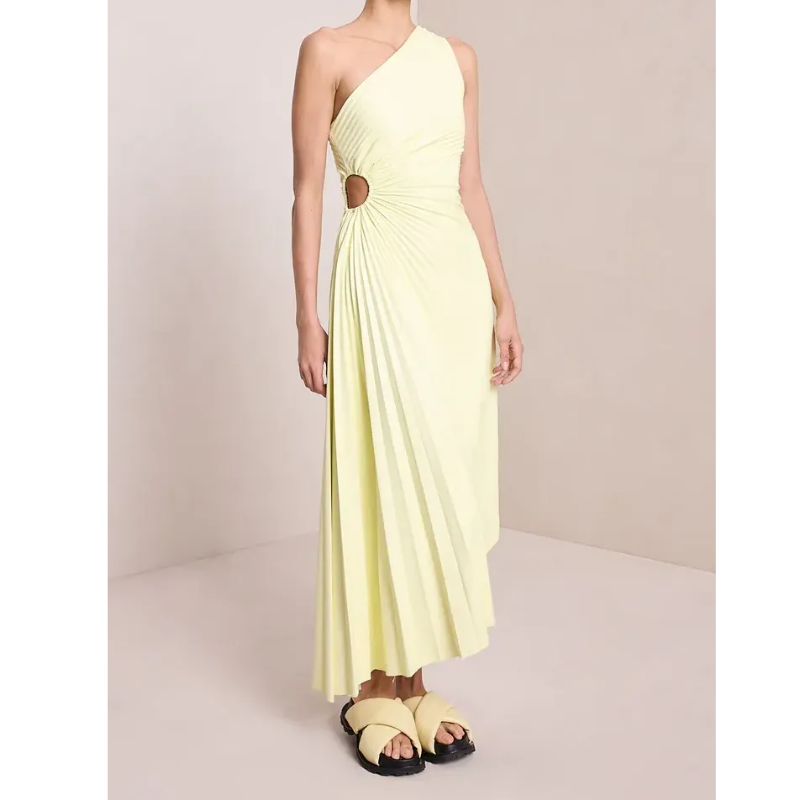 New One-Shoulder Diagonal Satin Pleated Dress