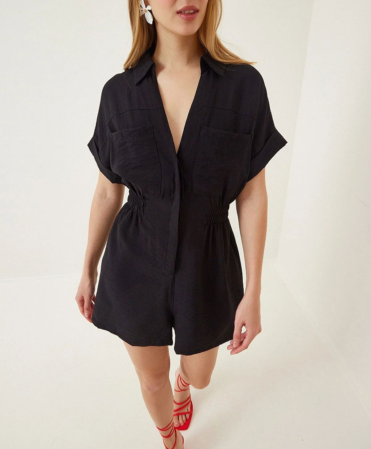 Summer  Button Down Elastic Waist With Pocket Rompers