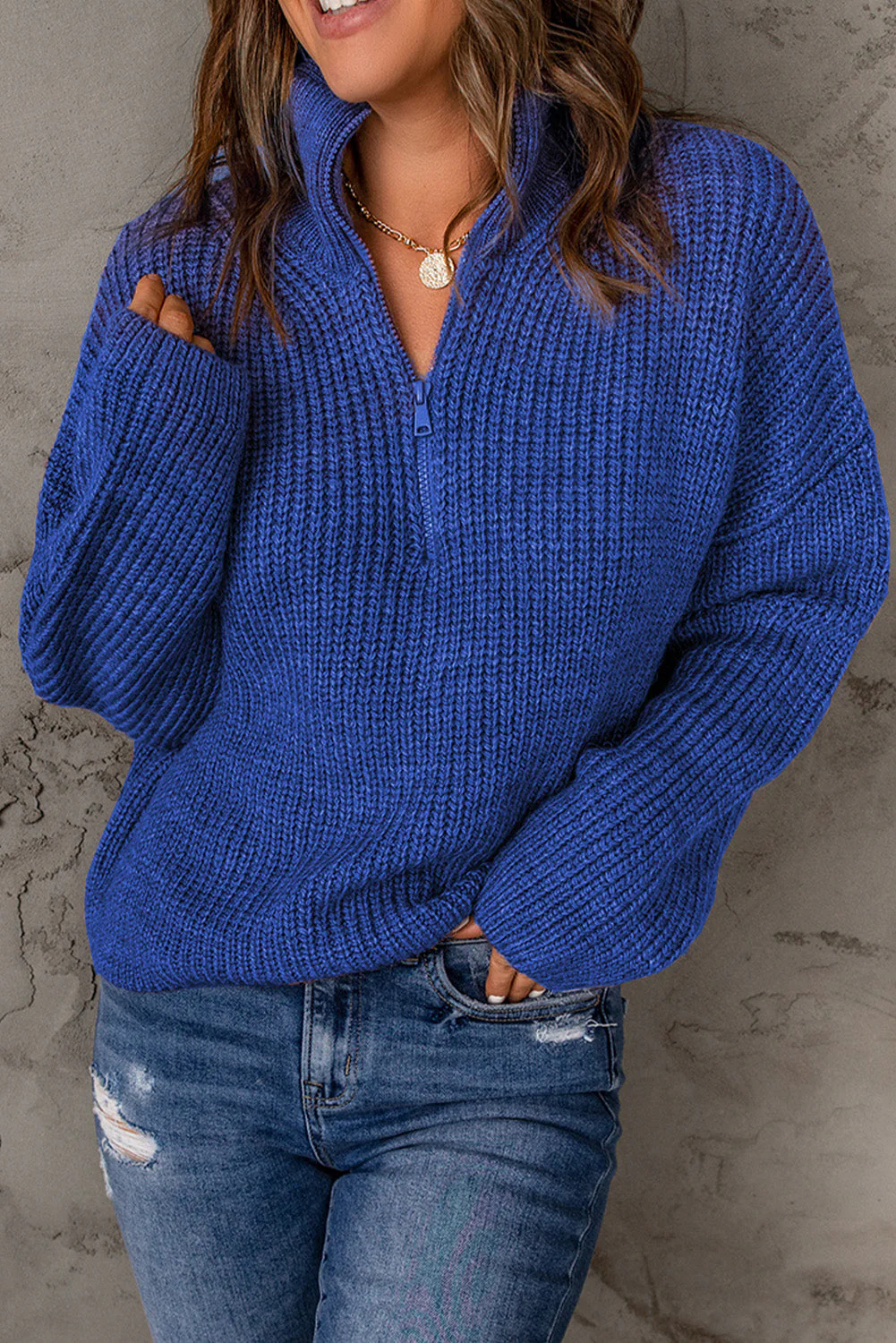 Half Zip Rib-Knit Dropped Shoulder Sweater (Final Days: Big Savings!!!)