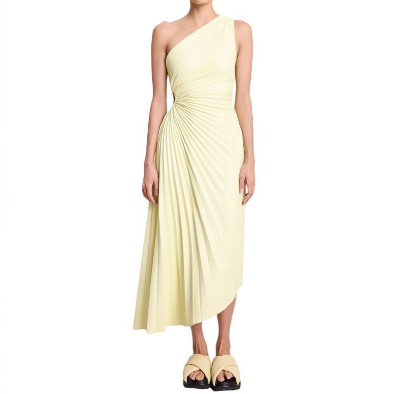 New One-Shoulder Diagonal Satin Pleated Dress