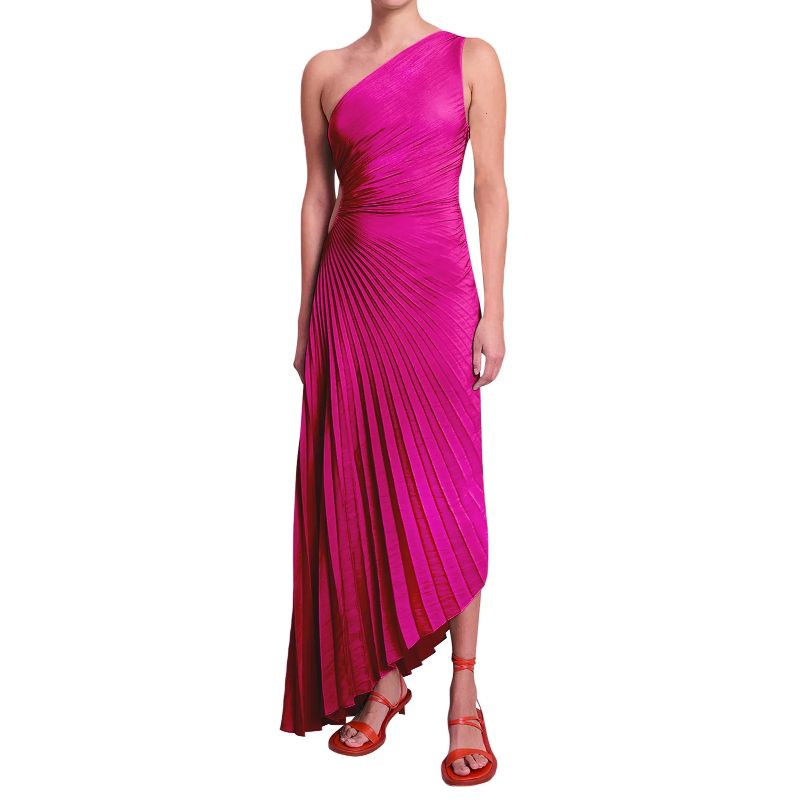 New One-Shoulder Diagonal Satin Pleated Dress