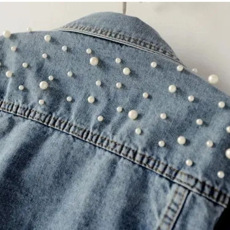 Super beautiful! 😍Women's Embroidered Pearl Beaded Jeans Jacket