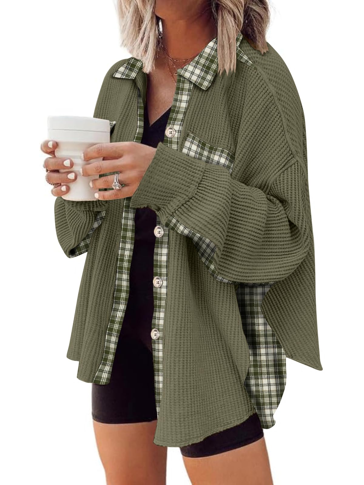 Waffle Button-Down Shirt Loose Long Sleeve Top（BUY 2 FREE SHIPPING）