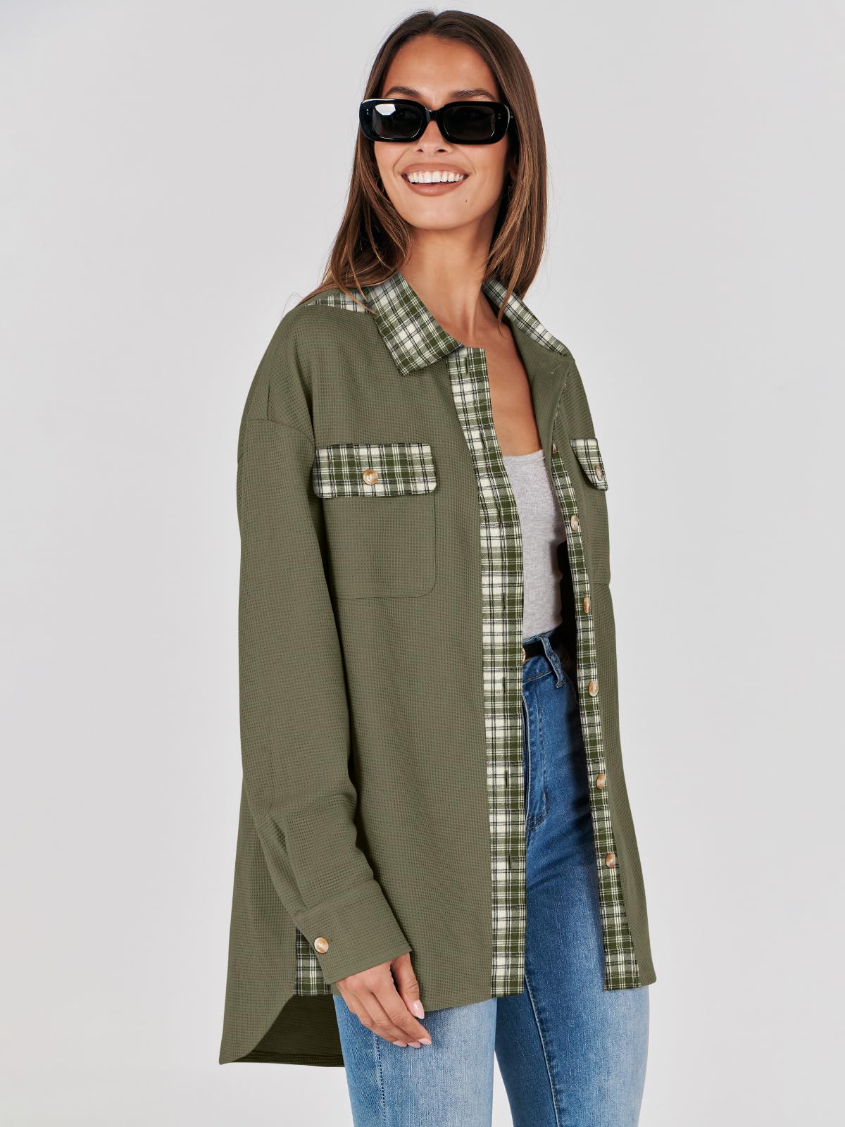 Waffle Button-Down Shirt Loose Long Sleeve Top（BUY 2 FREE SHIPPING）