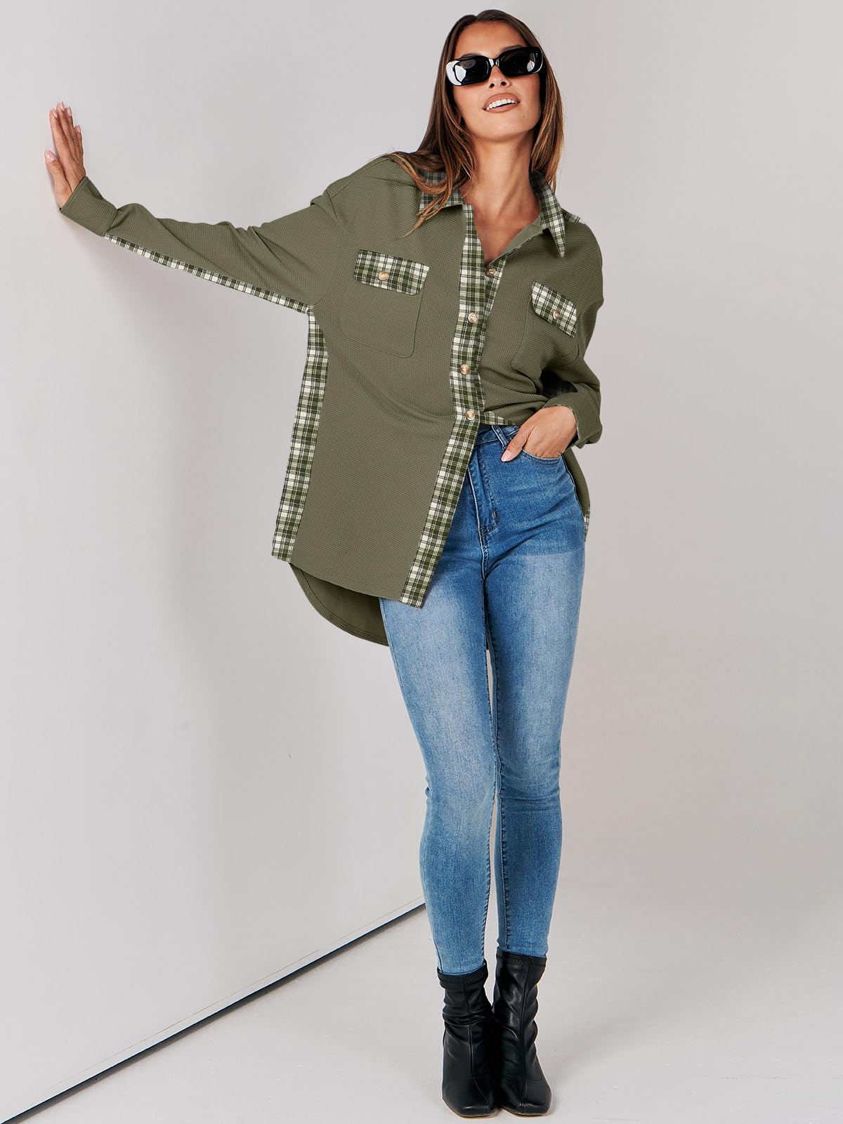 Waffle Button-Down Shirt Loose Long Sleeve Top（BUY 2 FREE SHIPPING）