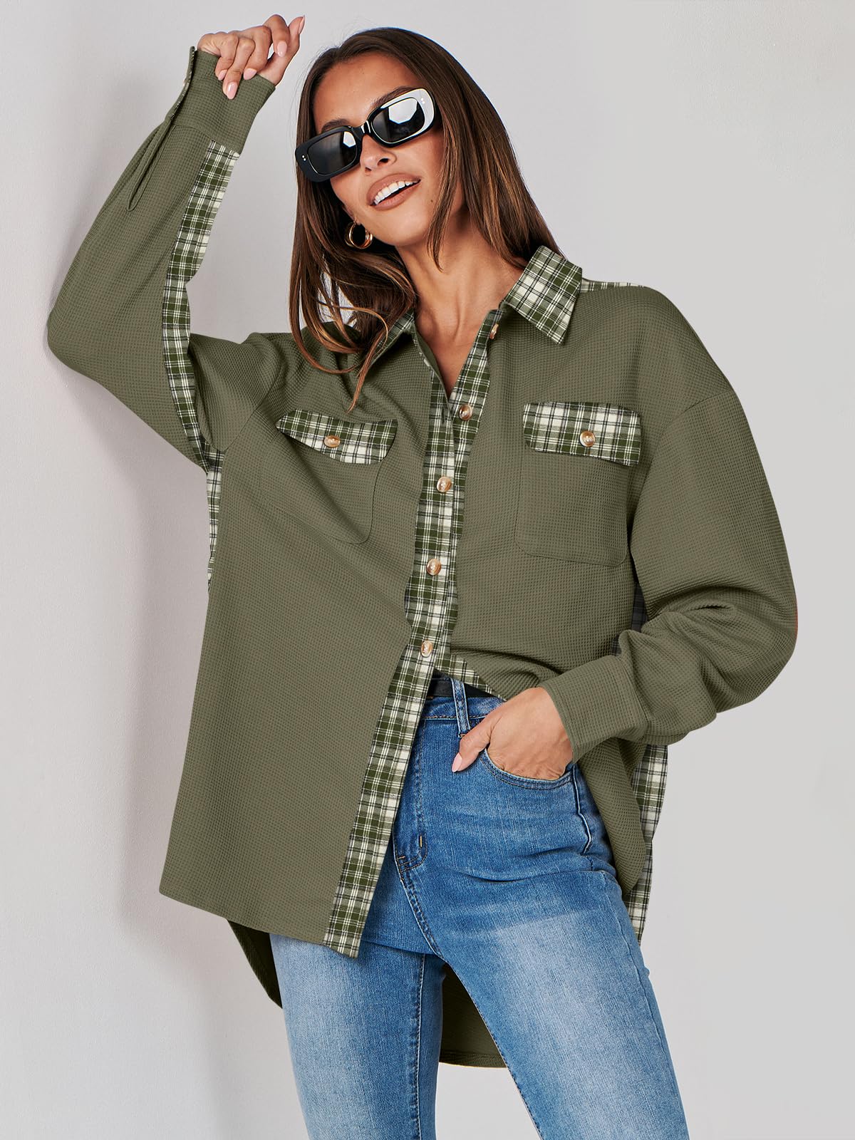 Waffle Button-Down Shirt Loose Long Sleeve Top（BUY 2 FREE SHIPPING）