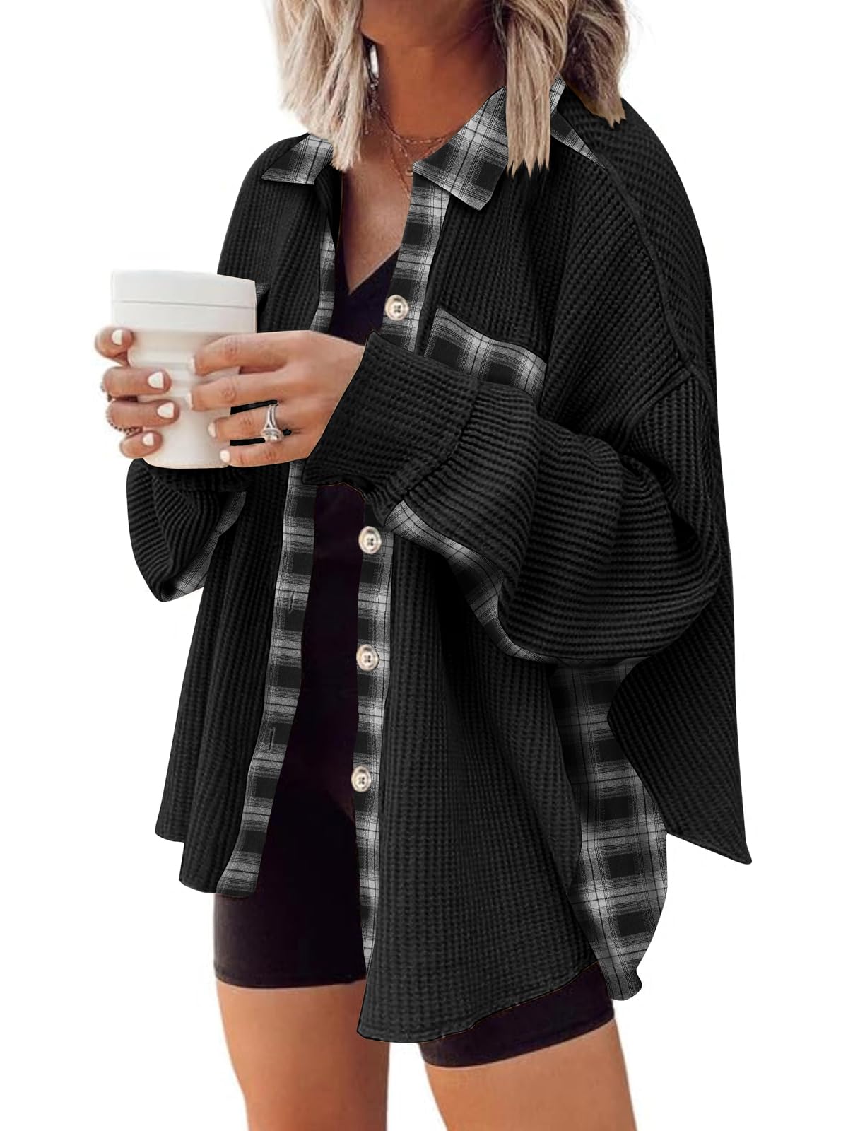 Waffle Button-Down Shirt Loose Long Sleeve Top（BUY 2 FREE SHIPPING）