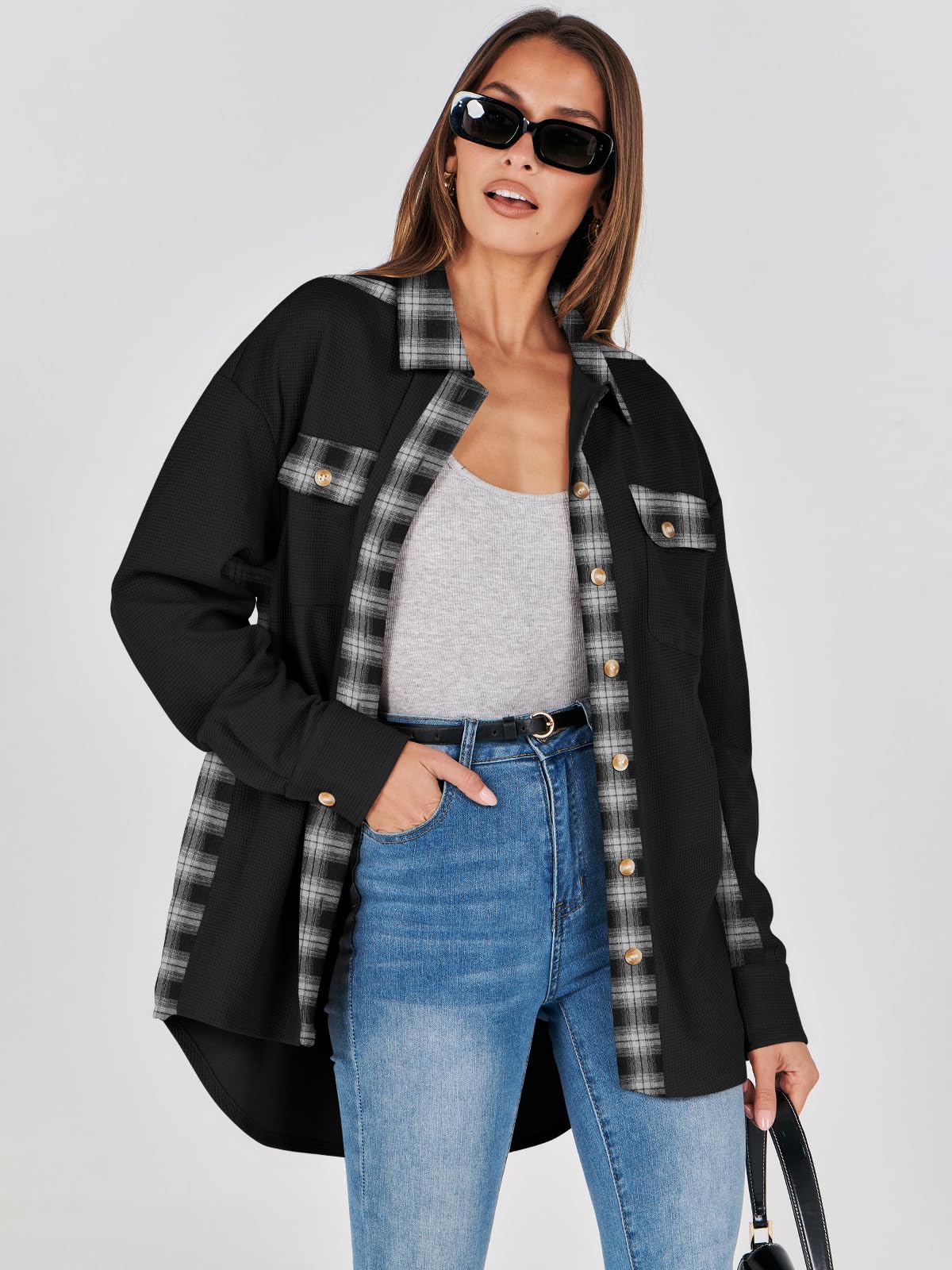 Waffle Button-Down Shirt Loose Long Sleeve Top（BUY 2 FREE SHIPPING）