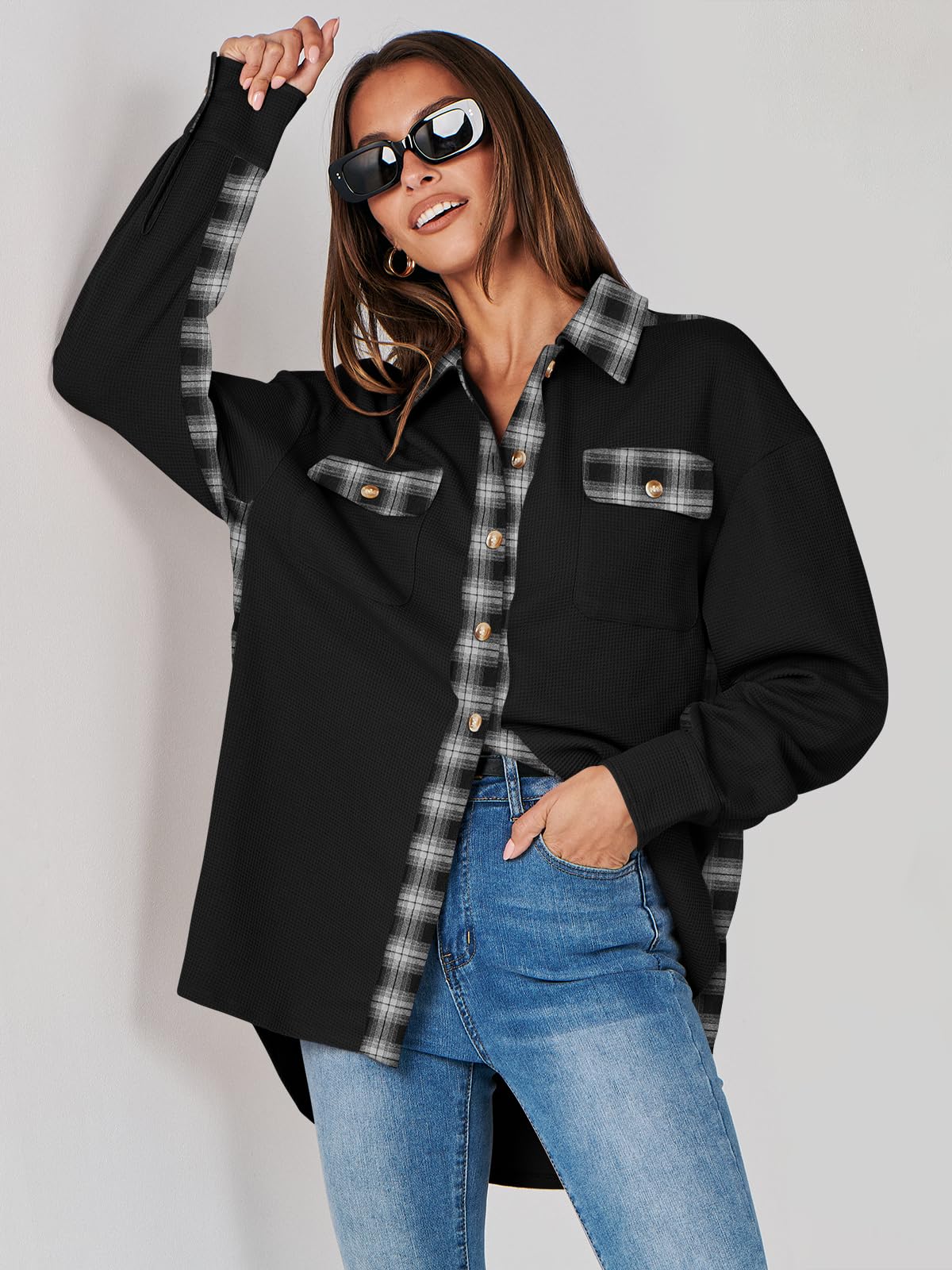 Waffle Button-Down Shirt Loose Long Sleeve Top（BUY 2 FREE SHIPPING）
