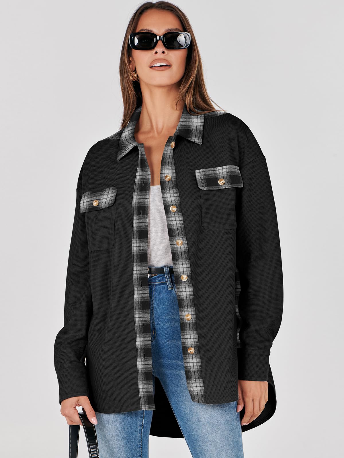 Waffle Button-Down Shirt Loose Long Sleeve Top（BUY 2 FREE SHIPPING）