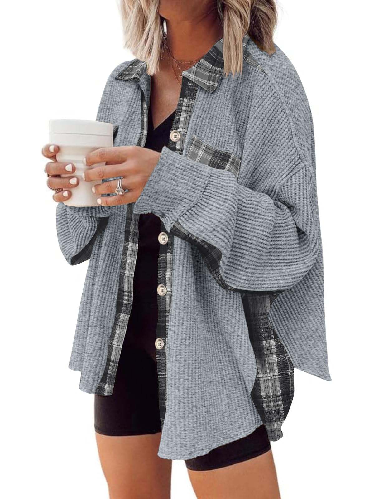 Waffle Button-Down Shirt Loose Long Sleeve Top（BUY 2 FREE SHIPPING）