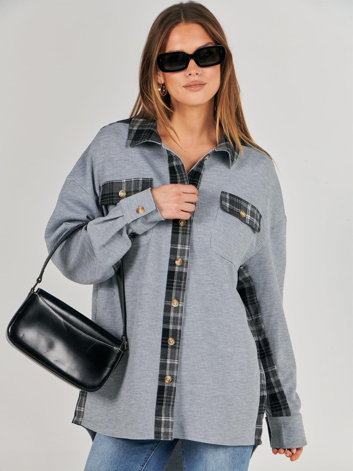 Waffle Button-Down Shirt Loose Long Sleeve Top（BUY 2 FREE SHIPPING）