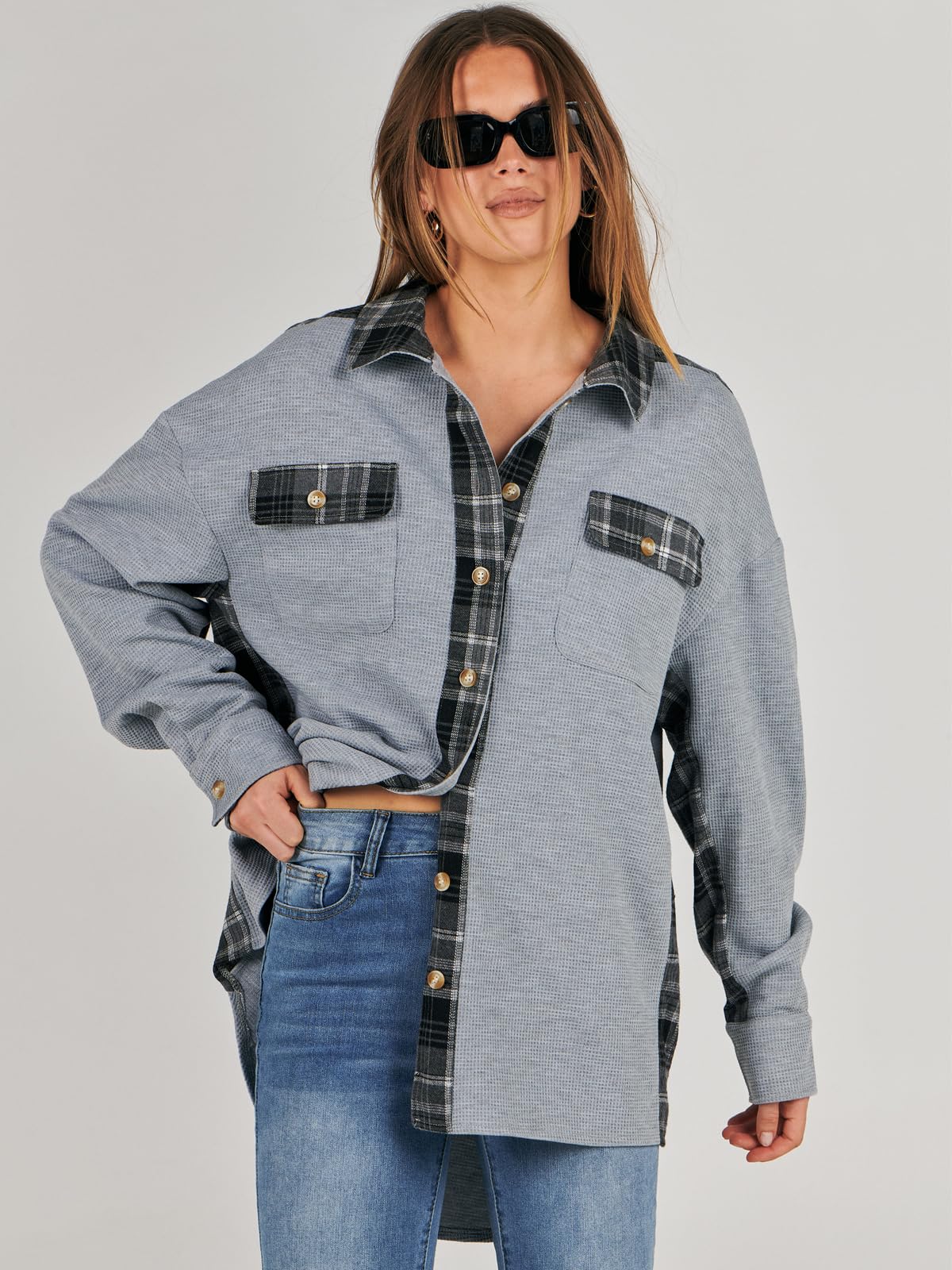 Waffle Button-Down Shirt Loose Long Sleeve Top（BUY 2 FREE SHIPPING）