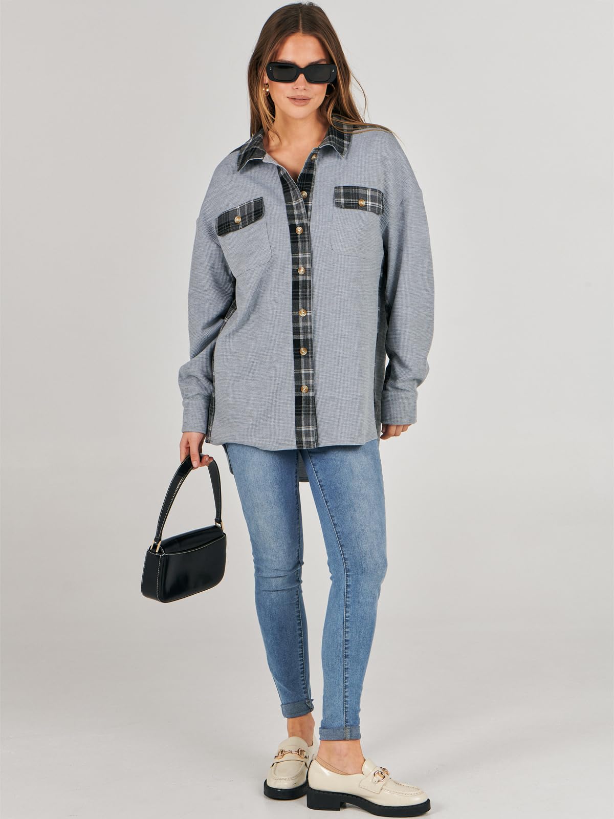 Waffle Button-Down Shirt Loose Long Sleeve Top（BUY 2 FREE SHIPPING）