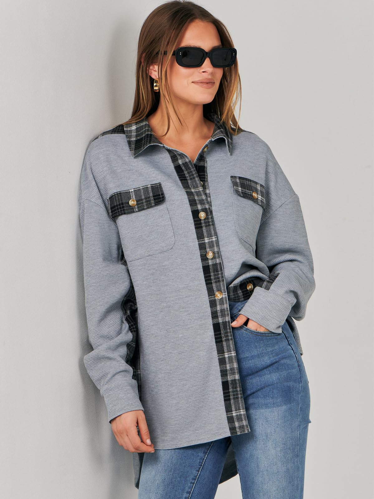 Waffle Button-Down Shirt Loose Long Sleeve Top（BUY 2 FREE SHIPPING）