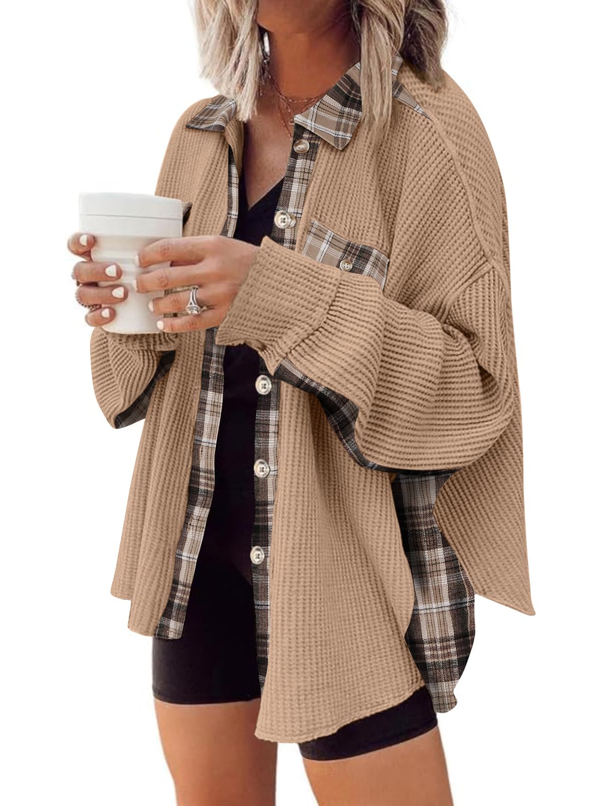 Waffle Button-Down Shirt Loose Long Sleeve Top（BUY 2 FREE SHIPPING）