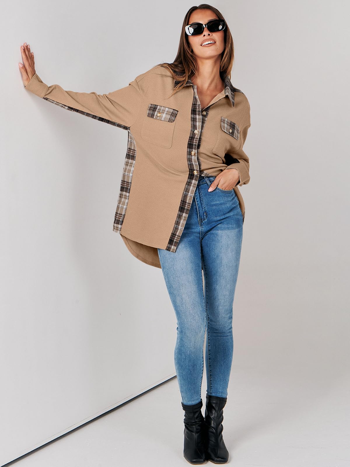 Waffle Button-Down Shirt Loose Long Sleeve Top（BUY 2 FREE SHIPPING）