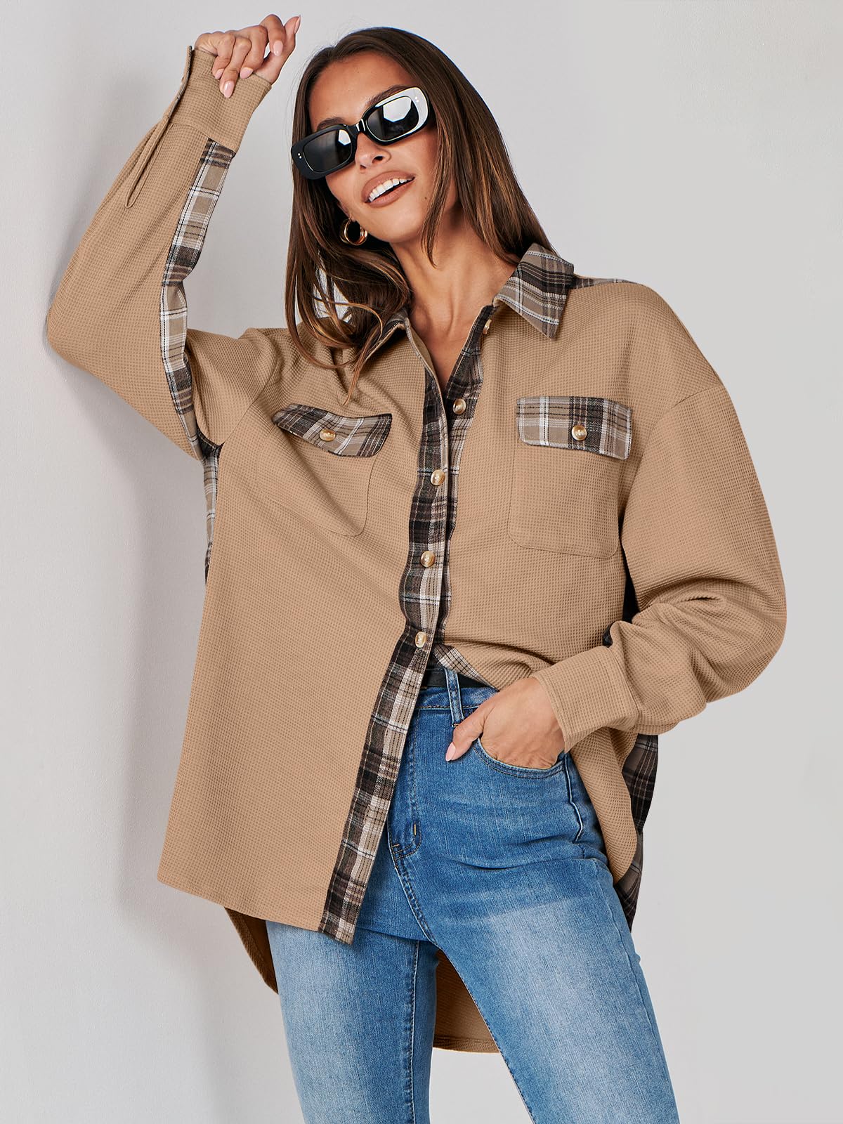 Waffle Button-Down Shirt Loose Long Sleeve Top（BUY 2 FREE SHIPPING）