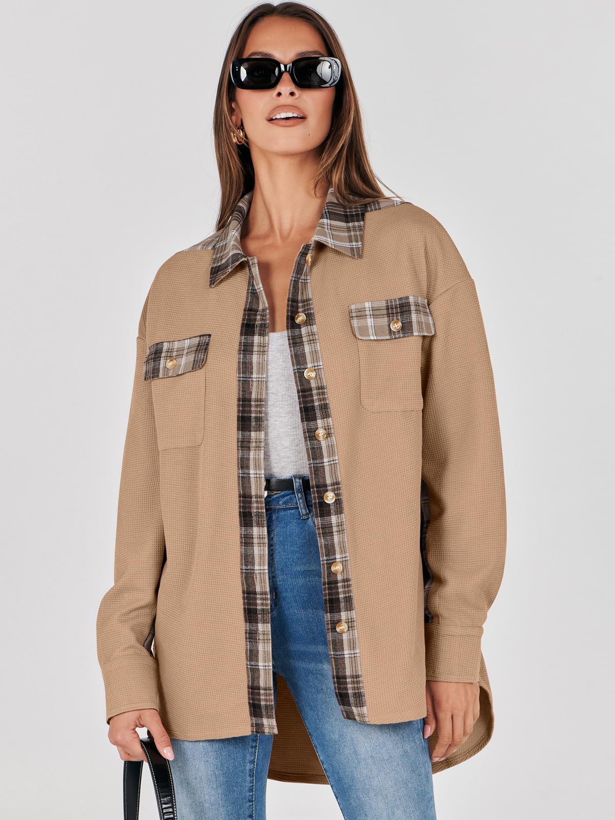 Waffle Button-Down Shirt Loose Long Sleeve Top（BUY 2 FREE SHIPPING）