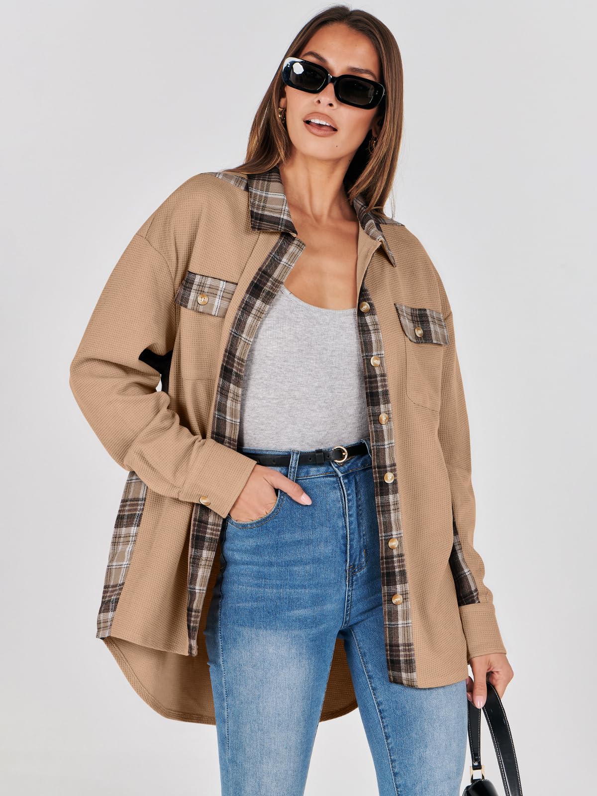 Waffle Button-Down Shirt Loose Long Sleeve Top（BUY 2 FREE SHIPPING）