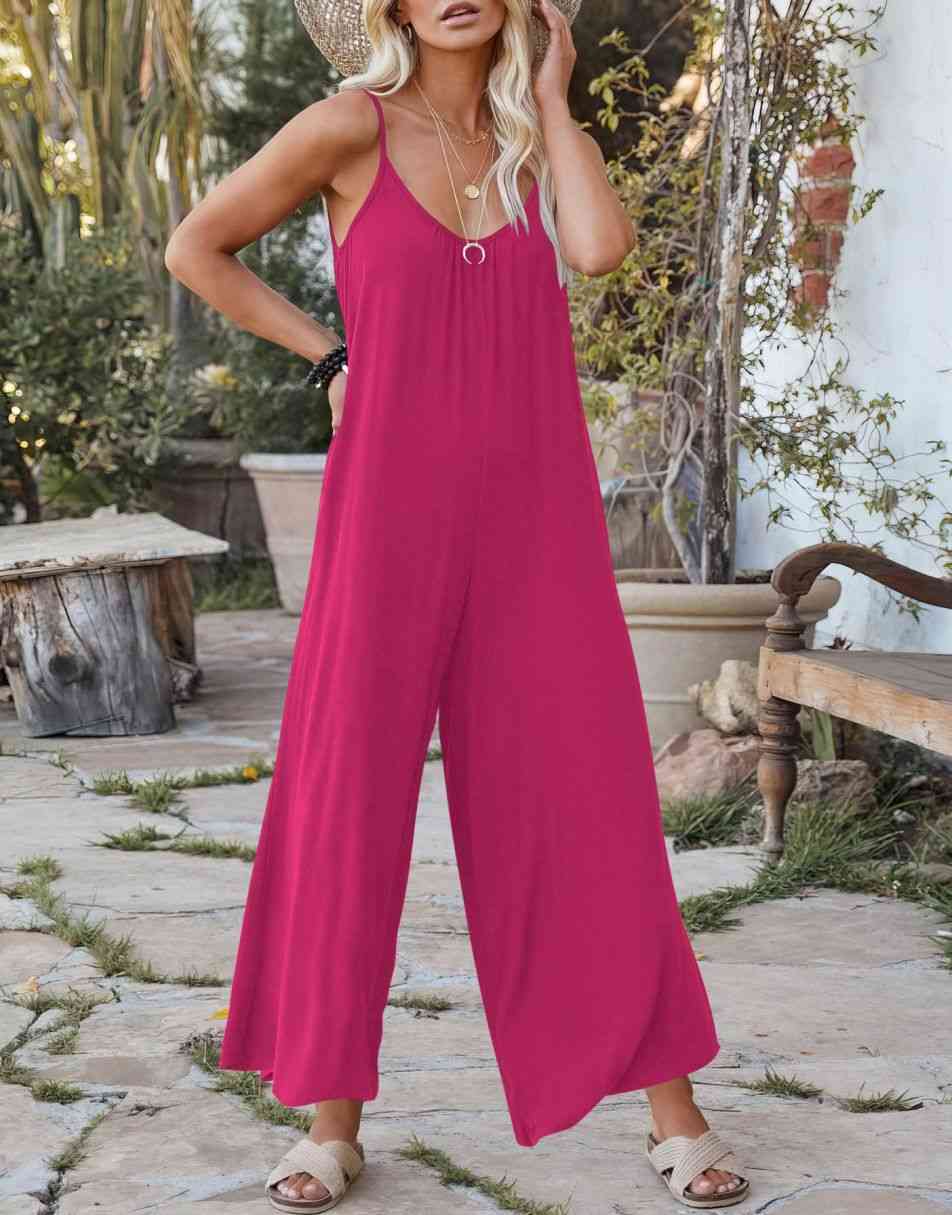 Sleeveless Spaghetti Strap Wide Leg Jumpsuits with Pockets