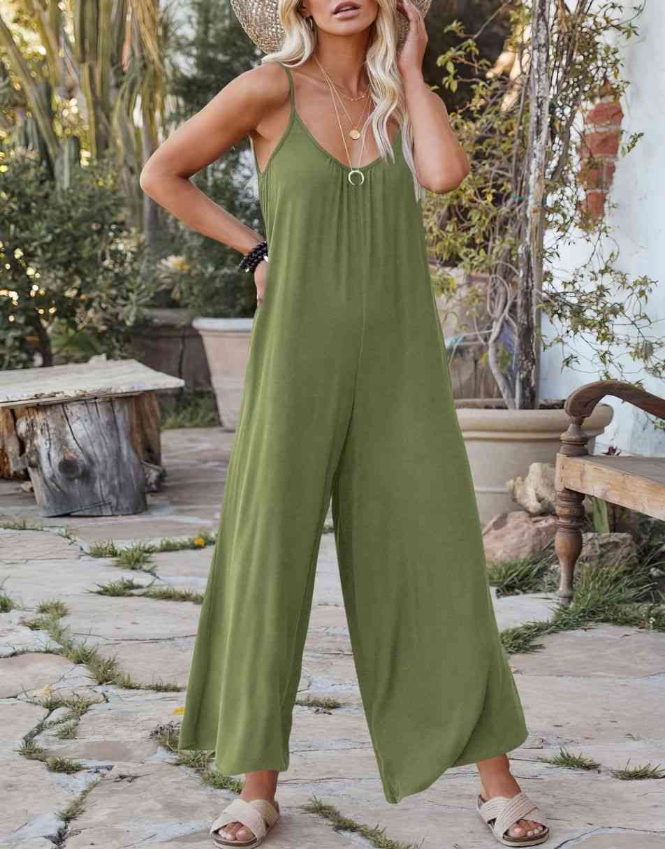 Sleeveless Spaghetti Strap Wide Leg Jumpsuits with Pockets