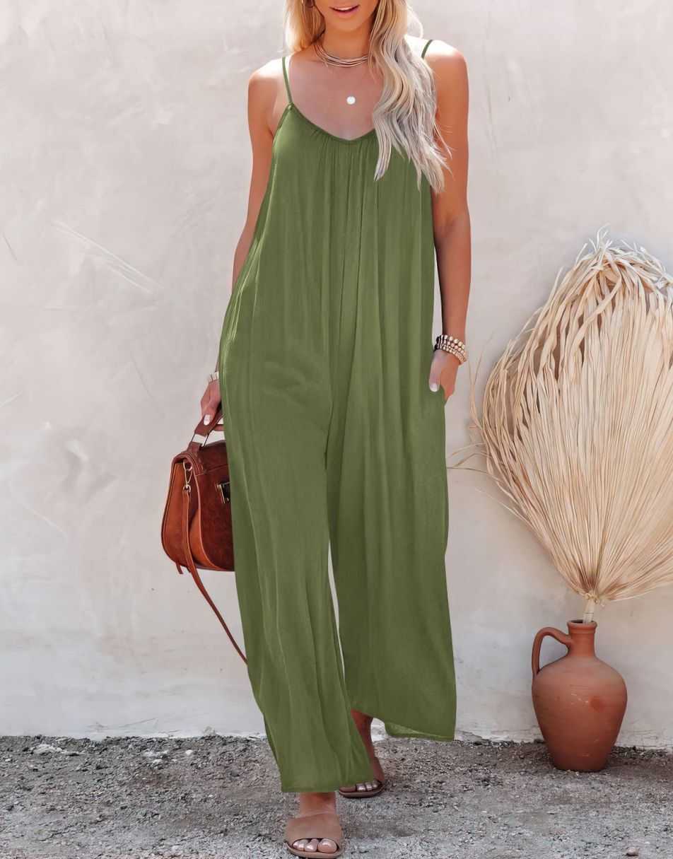Sleeveless Spaghetti Strap Wide Leg Jumpsuits with Pockets