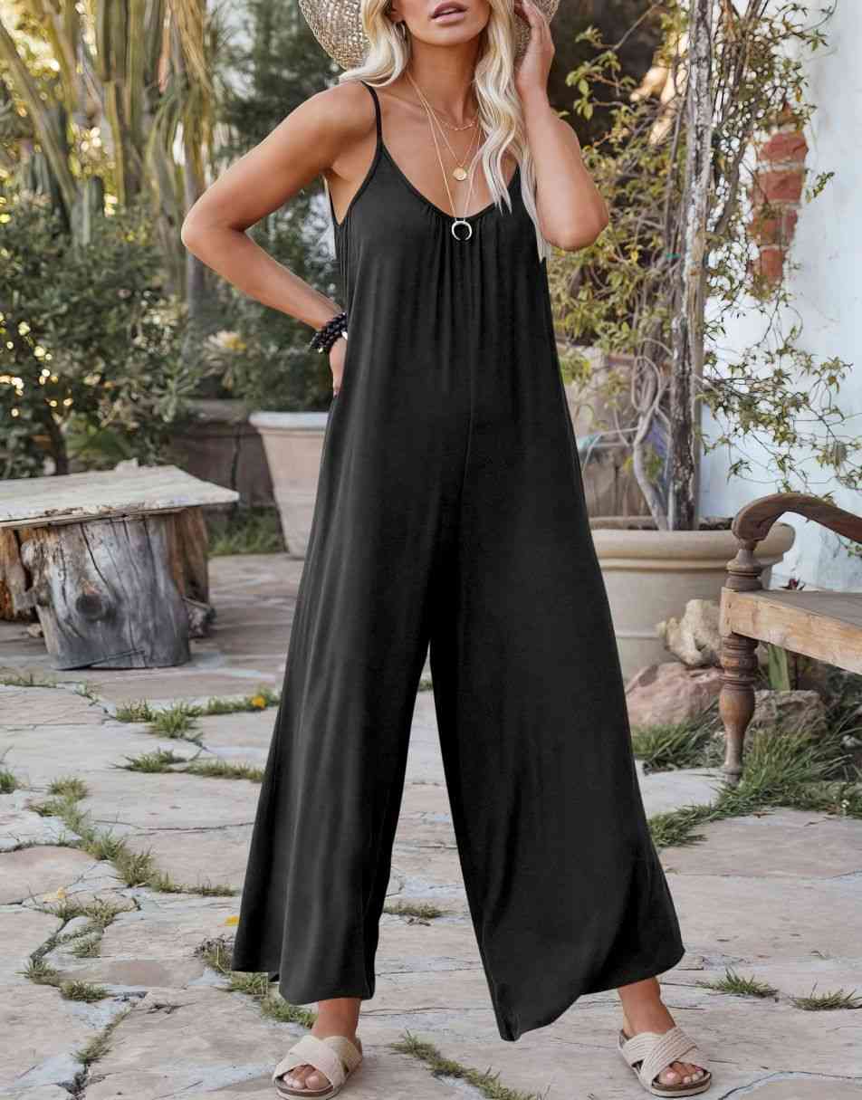 Sleeveless Spaghetti Strap Wide Leg Jumpsuits with Pockets