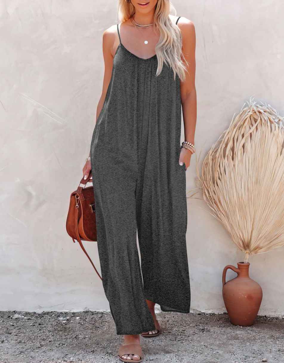 Sleeveless Spaghetti Strap Wide Leg Jumpsuits with Pockets