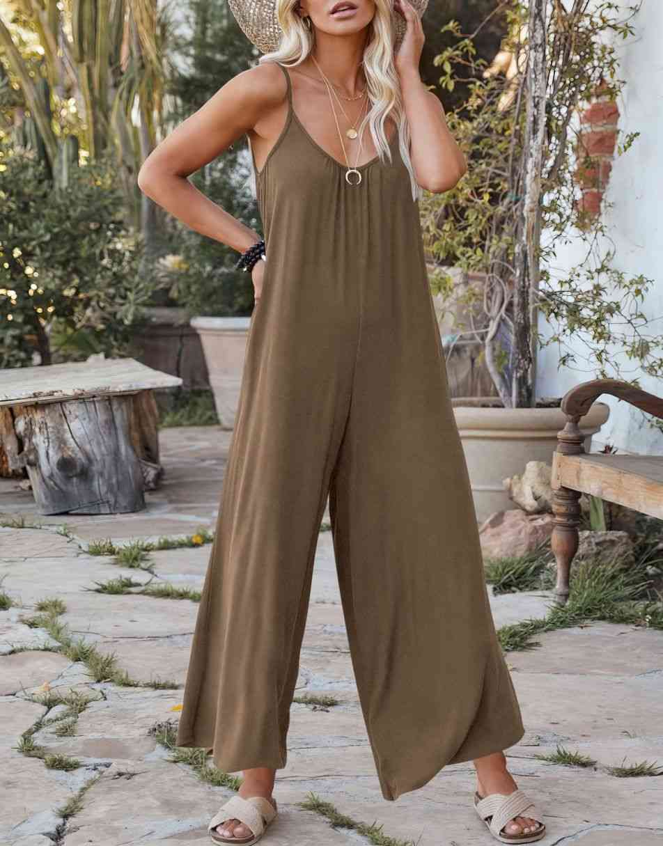 Sleeveless Spaghetti Strap Wide Leg Jumpsuits with Pockets