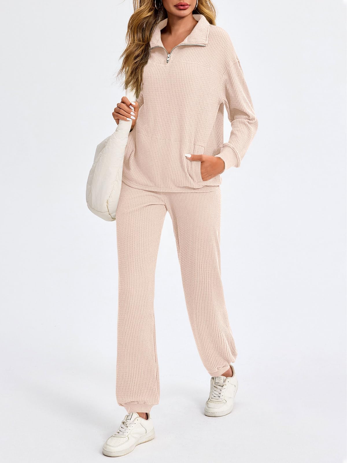 Women’s Waffle Knit Quarter Zip Tops and Jogger Pants 2 Piece Outfits(50% OFF today!!!)