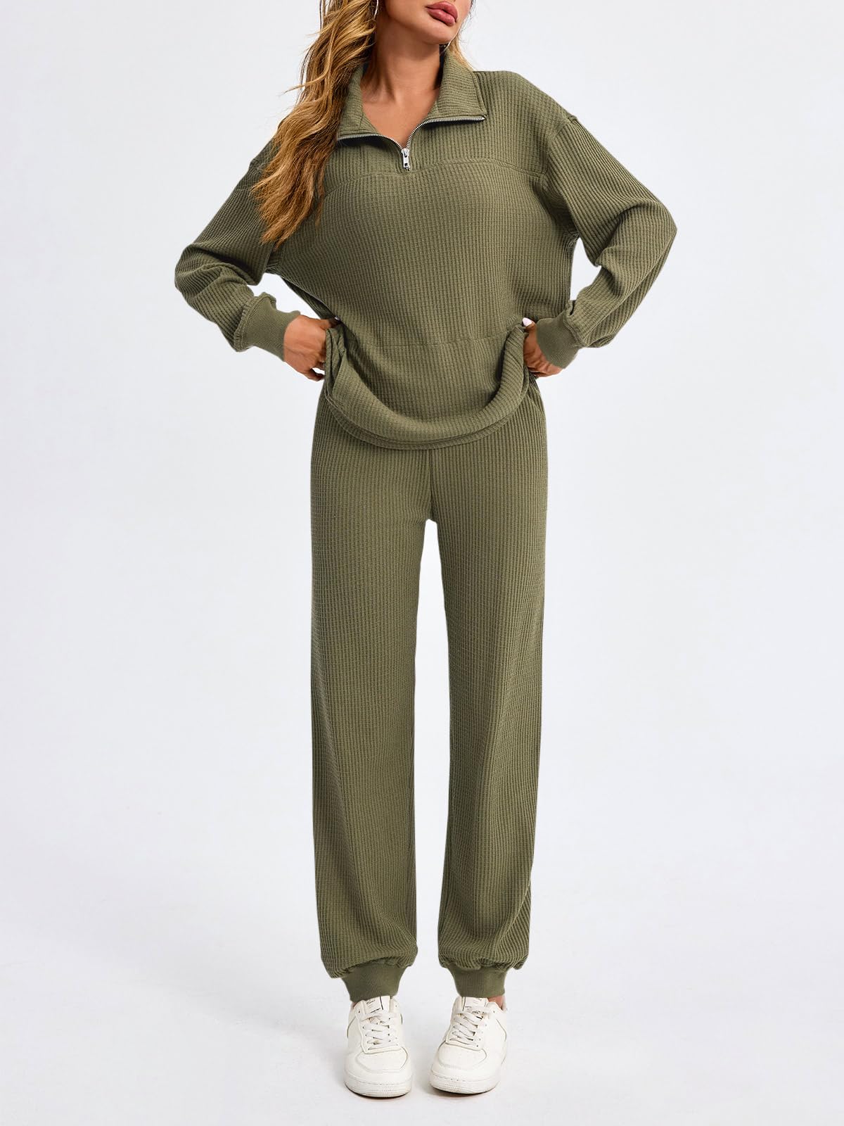 Women’s Waffle Knit Quarter Zip Tops and Jogger Pants 2 Piece Outfits(50% OFF today!!!)