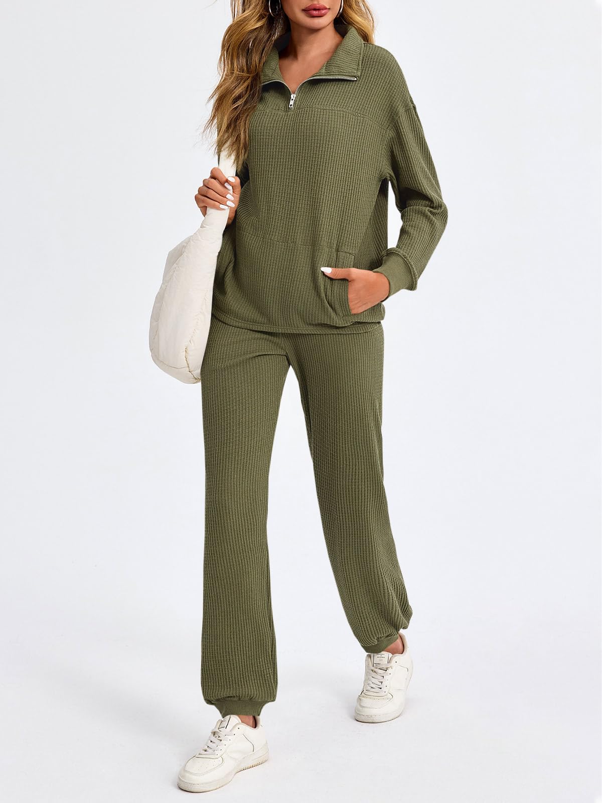 Women’s Waffle Knit Quarter Zip Tops and Jogger Pants 2 Piece Outfits(50% OFF today!!!)