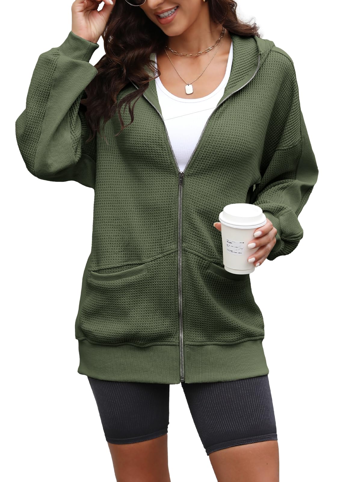 Women's Oversized Waffle Knit Zip Up Hoodie Jacket(Last day 40% OFF!!)