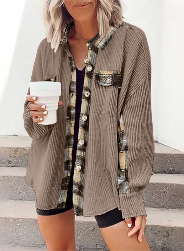 Waffle Button-Down Shirt Loose Long Sleeve Top（BUY 2 FREE SHIPPING）