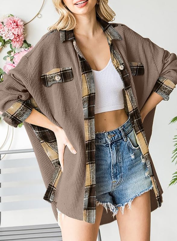 Waffle Button-Down Shirt Loose Long Sleeve Top（BUY 2 FREE SHIPPING）
