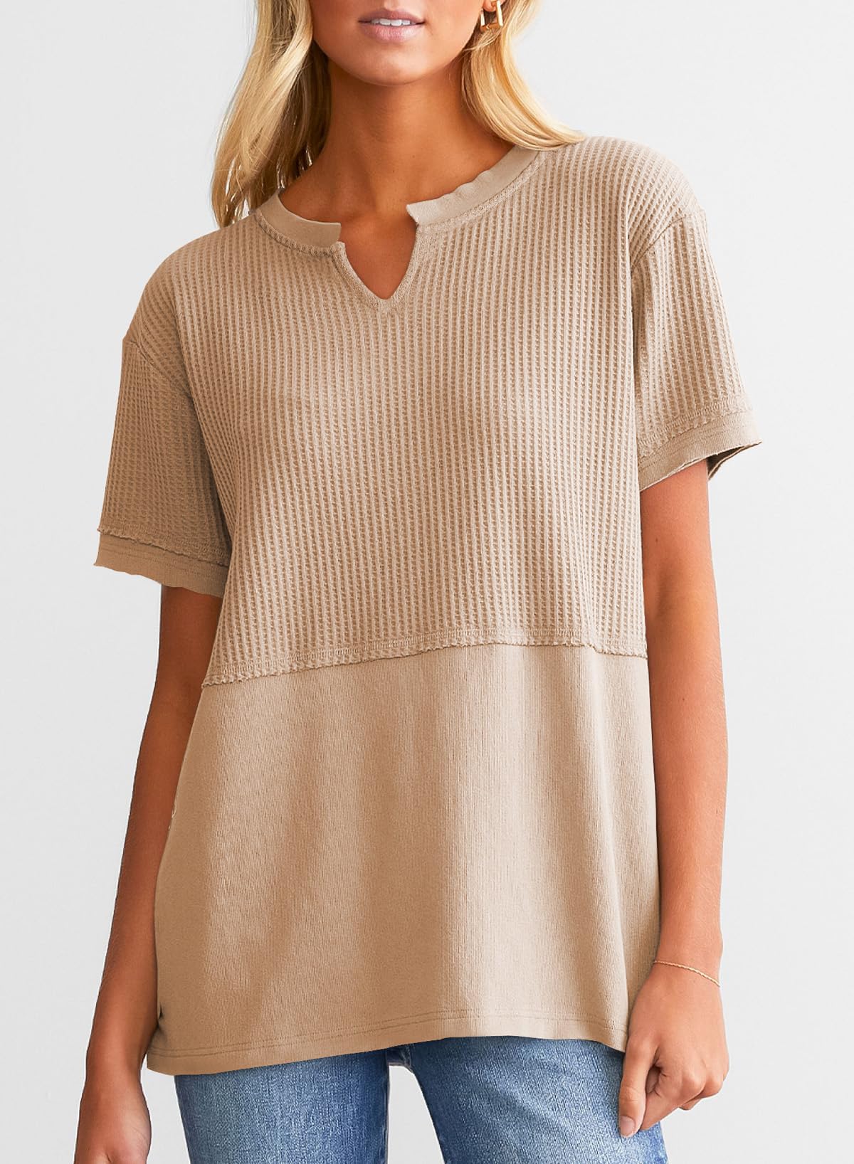 2024 New Women's Casual V Neck Waffle Knit Tops(buy 2 10% OFF)