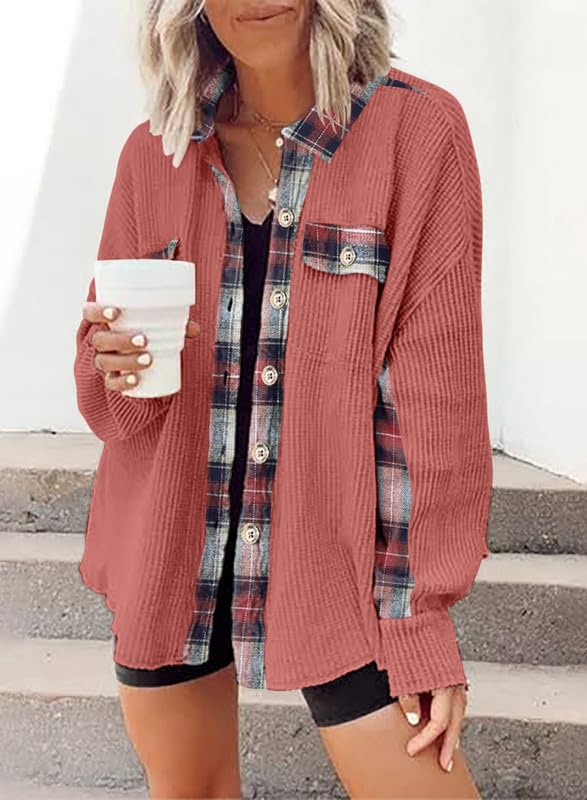 Waffle Button-Down Shirt Loose Long Sleeve Top（BUY 2 FREE SHIPPING）