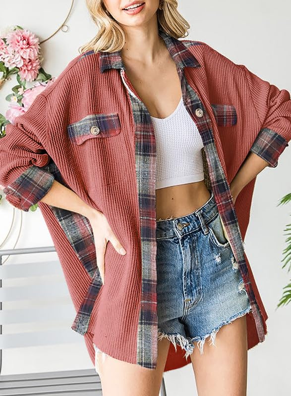 Waffle Button-Down Shirt Loose Long Sleeve Top（BUY 2 FREE SHIPPING）
