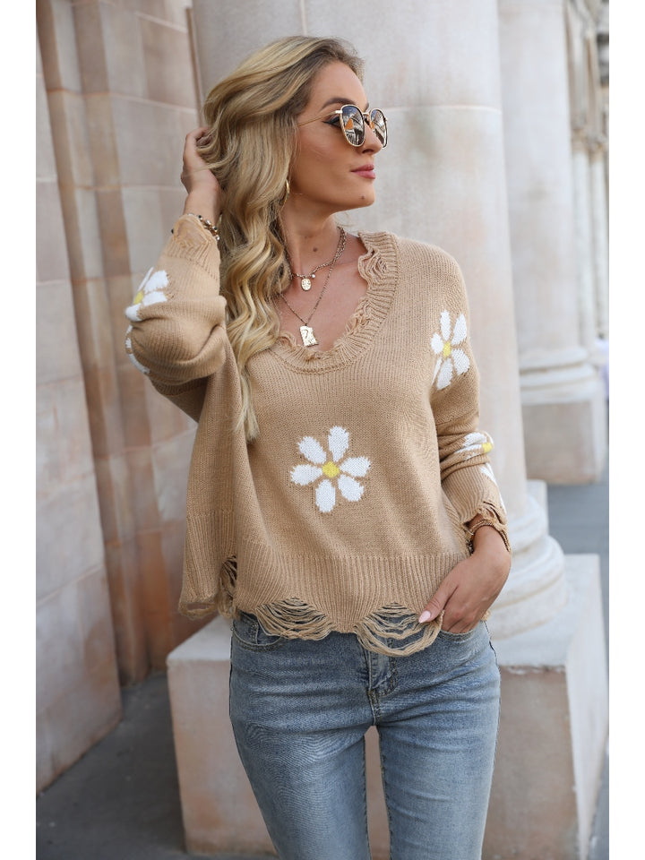 DAISY RIPPED DETAILED KNIT  SWEATER （BUY 2 FREE SHIPPING）