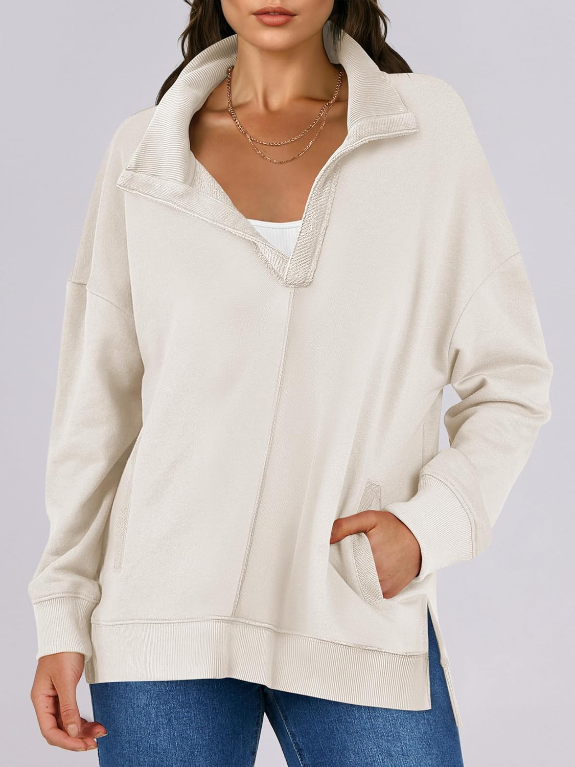 2024 Fall Women's Polo V Neck Split Tunic Pullover Sweatshirts with Pockets(buy 2 10% OFF)