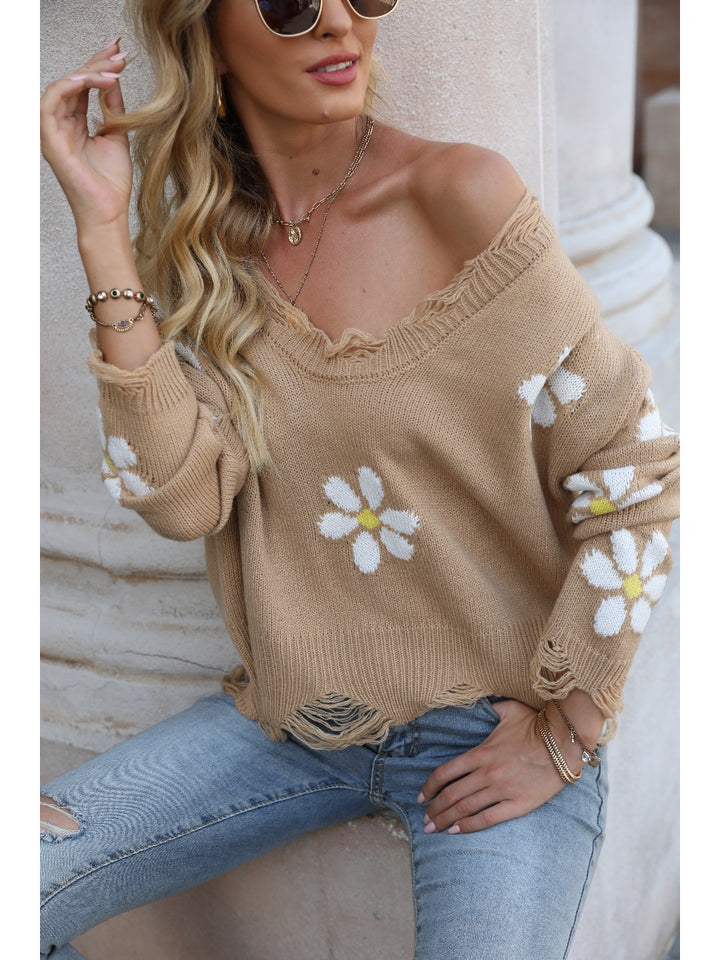 DAISY RIPPED DETAILED KNIT  SWEATER （BUY 2 FREE SHIPPING）
